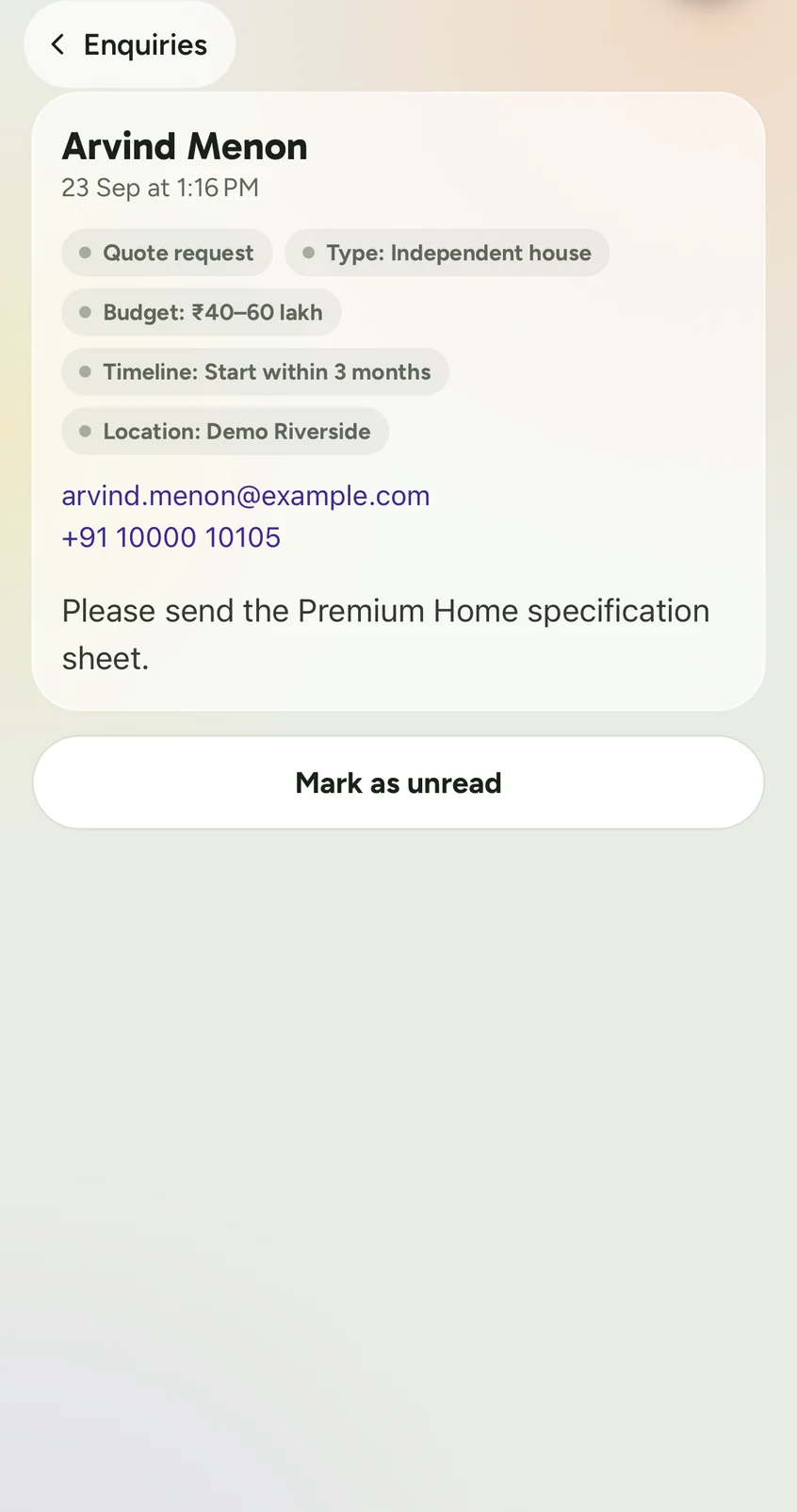 One enquiry open in the Creatin Web Android app with the visitor's budget, timeline, phone number and message