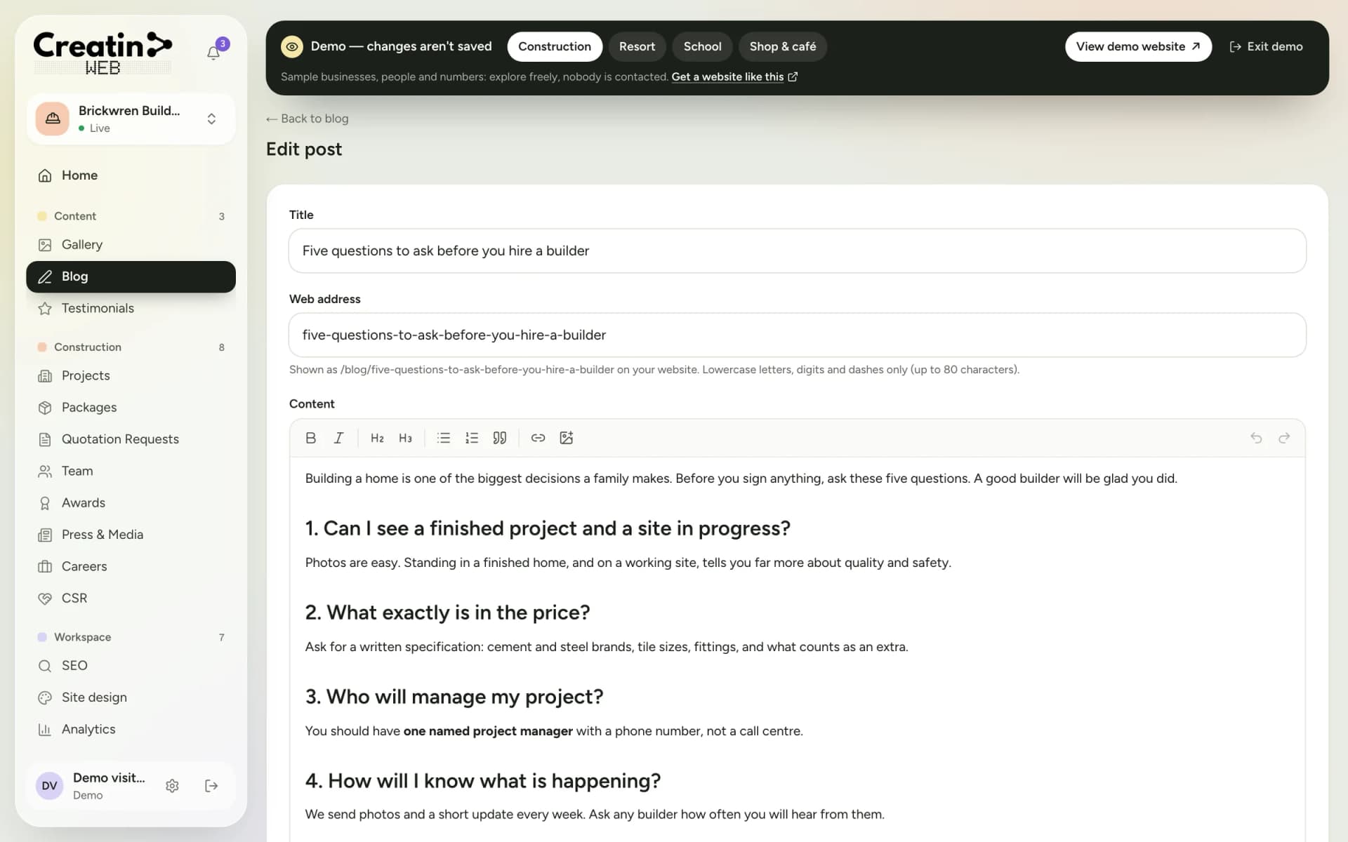 Blog editor in the dashboard with a title, web address and formatted article text