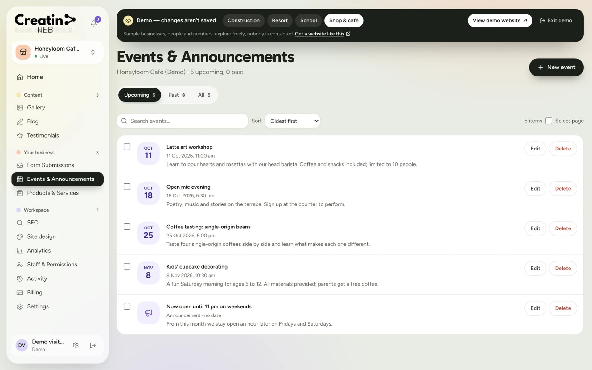 Events and announcements section of a café dashboard listing upcoming events with dates