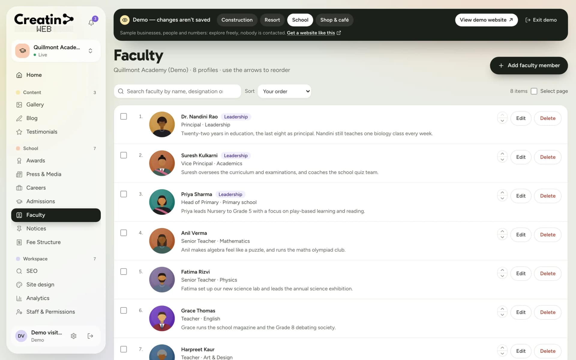Faculty section of a school dashboard listing teachers with photo, designation and a short profile