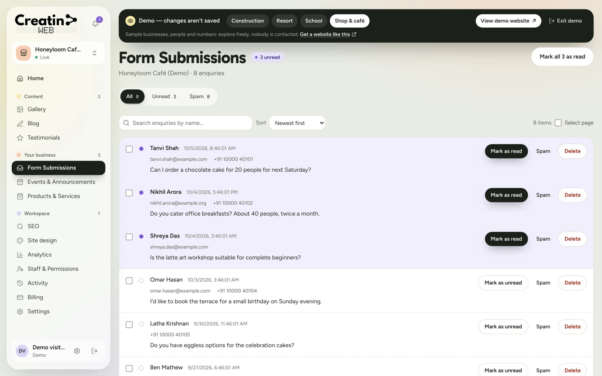 Contact form inbox of a café dashboard listing messages from website visitors