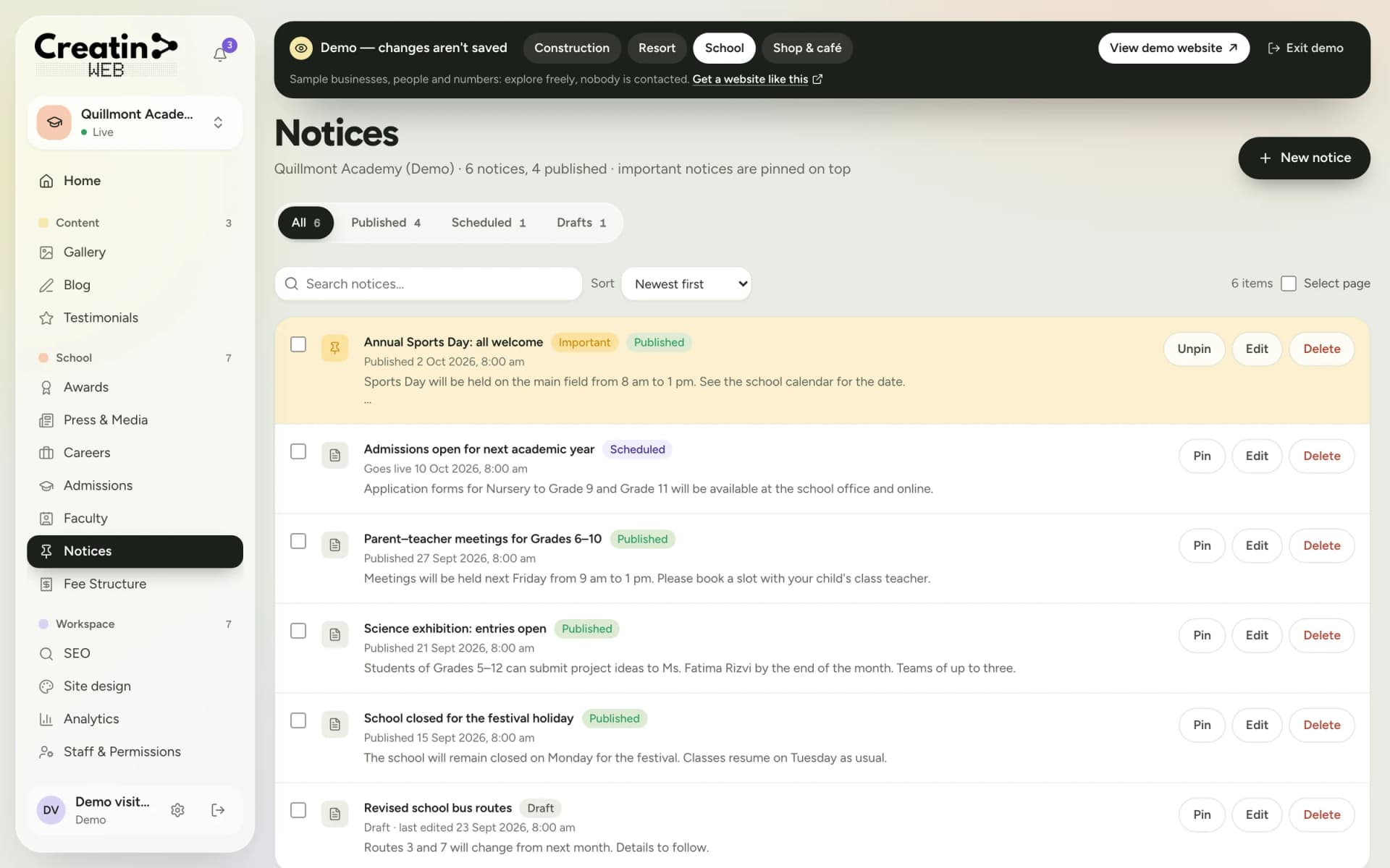 Notices section of a school dashboard with published, scheduled and draft notices and a pinned important notice