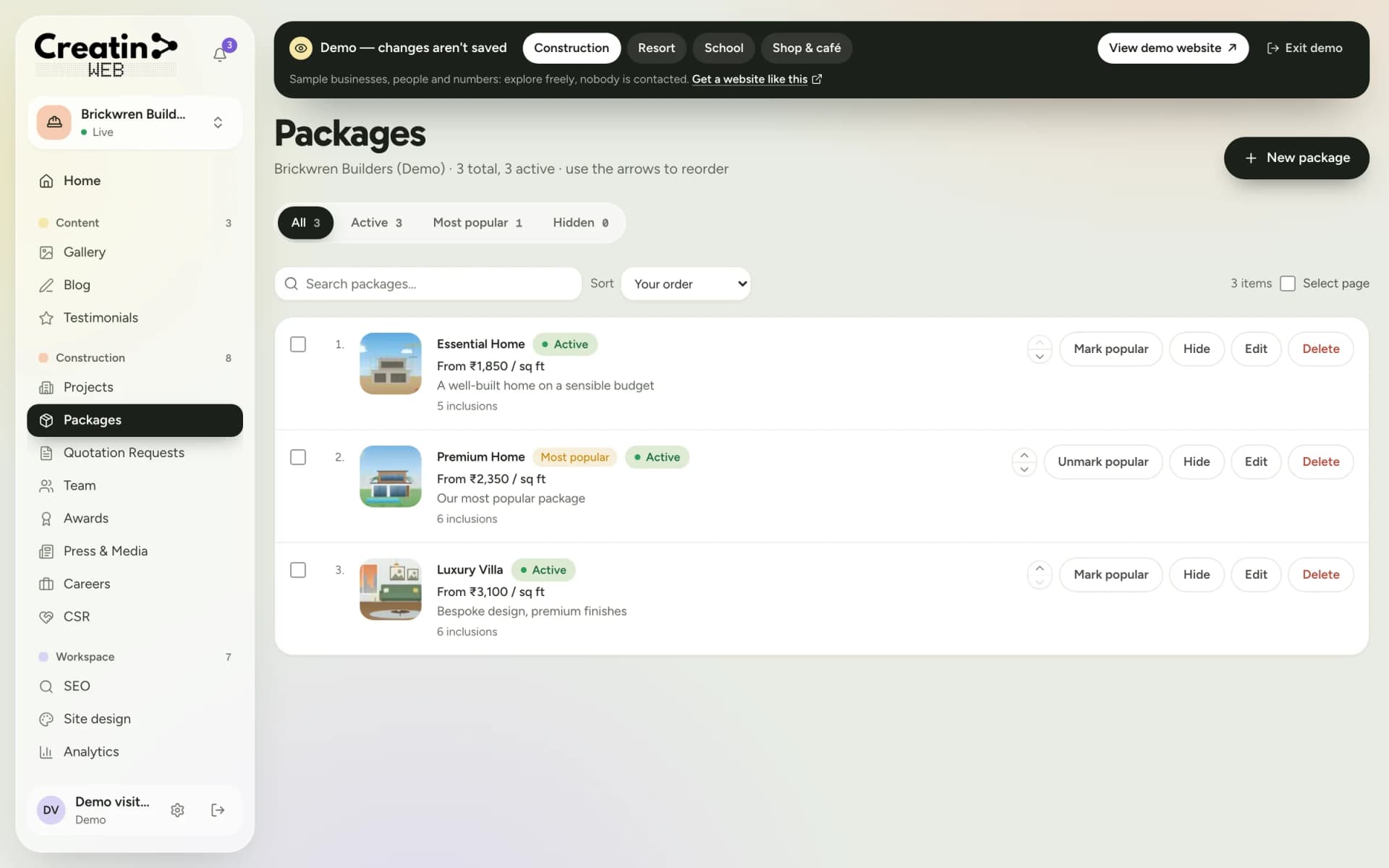 Packages section listing three construction packages with a price per square foot each
