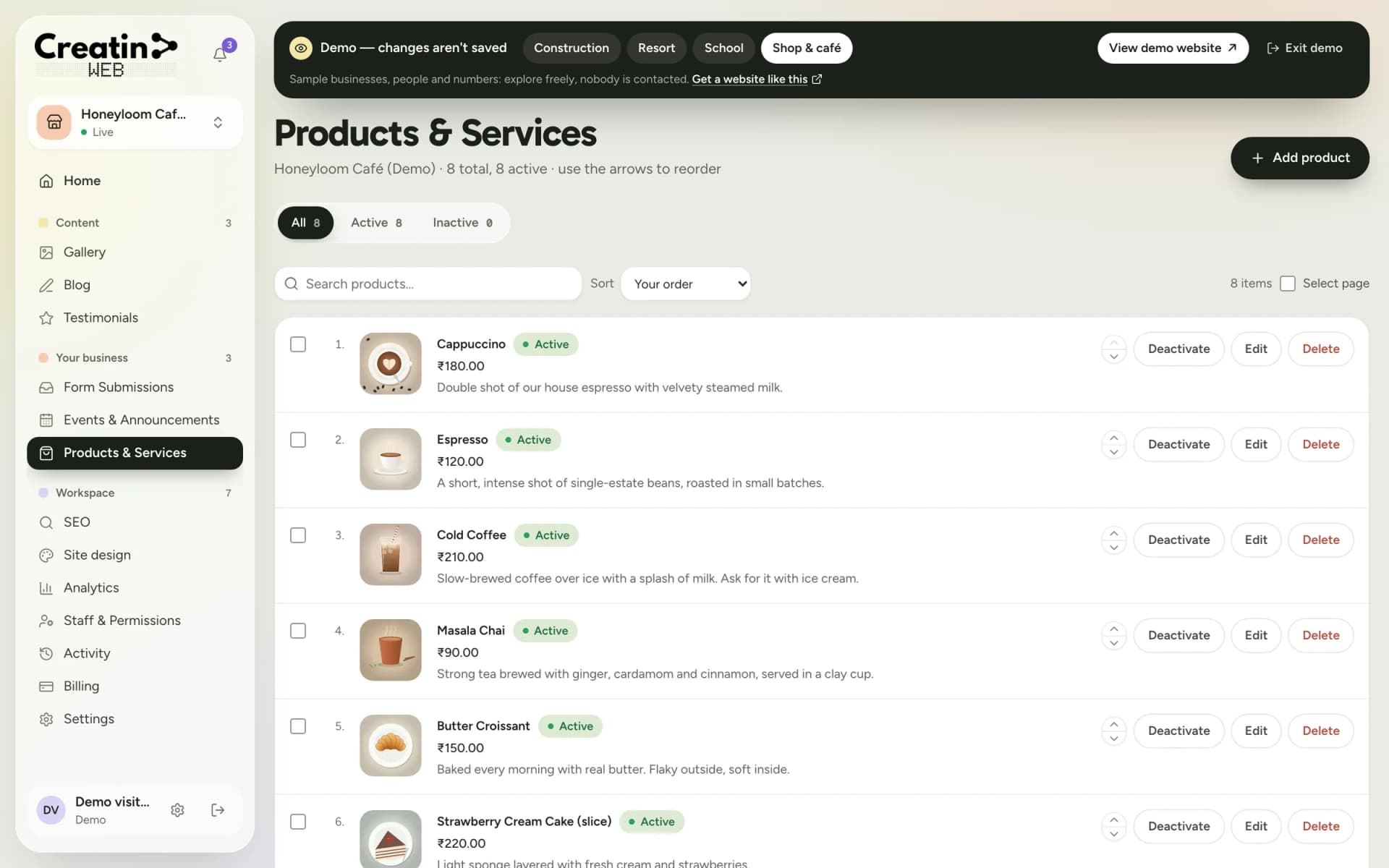 Products and services section of a café dashboard listing items with photo, price and an active switch