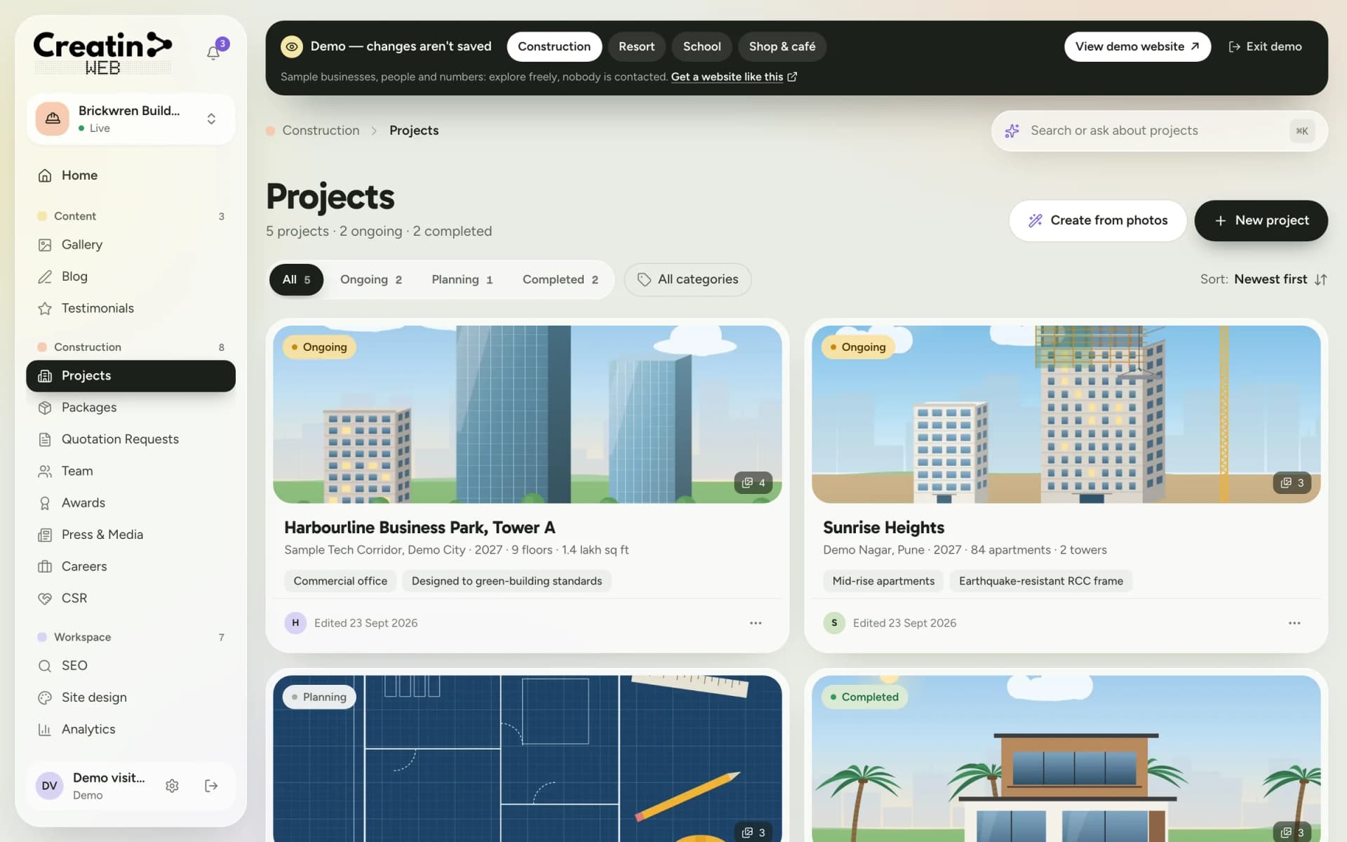 Projects section of the dashboard with ongoing, planning and completed projects shown as photo cards