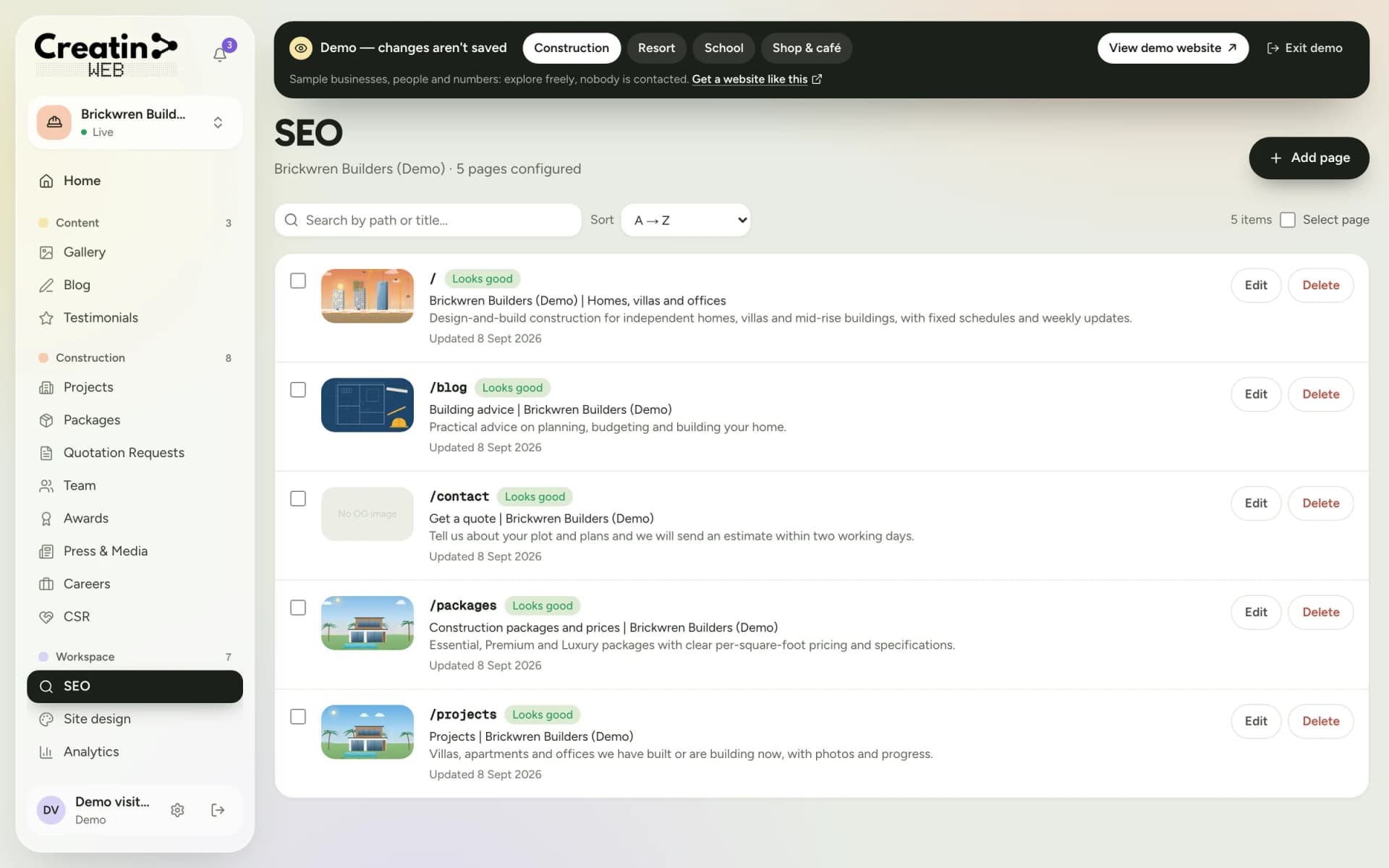 SEO section listing each page of the website with its title, description, share image and a Looks good check