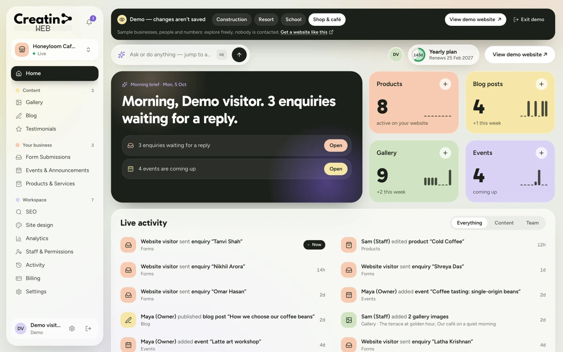 Creatin Web dashboard home for a café: enquiries waiting, product, gallery and event counts