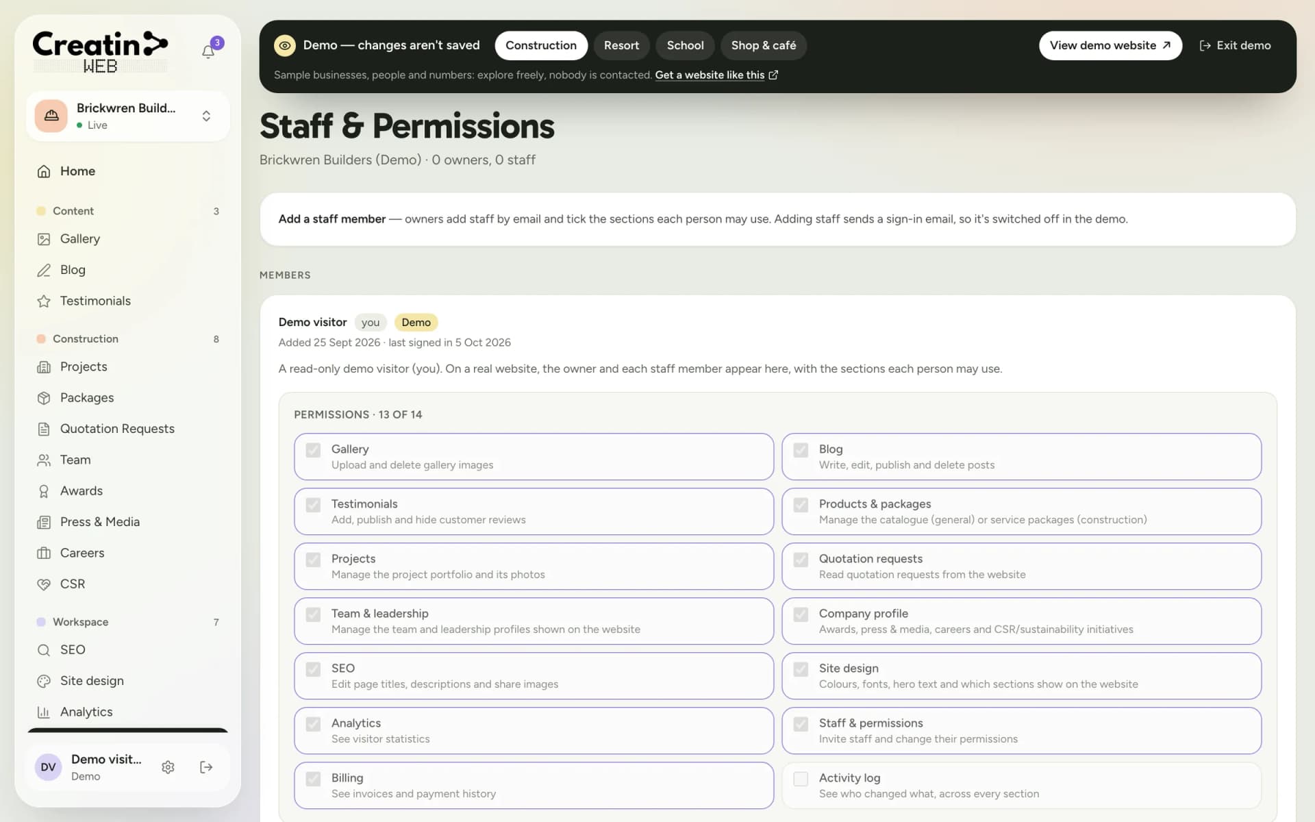 Staff and permissions section with a tick box for each section a staff member may use